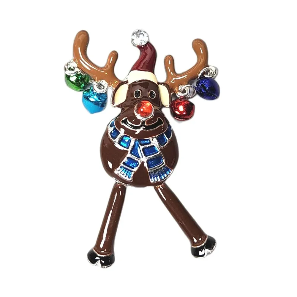 Enamel Rudolph Reindeer Holiday Brooch Pin Movable Legs Jingle Bell Antlers